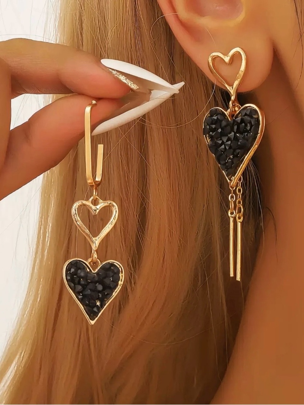 14k Gold Plated Heart Drop Earrings with With Black Cubic Zirconia Hearts
